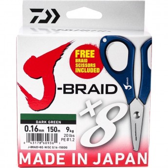 Шнур DAIWA J-Braid X8E-W/SC 0,16мм 150м dark green + ножницы